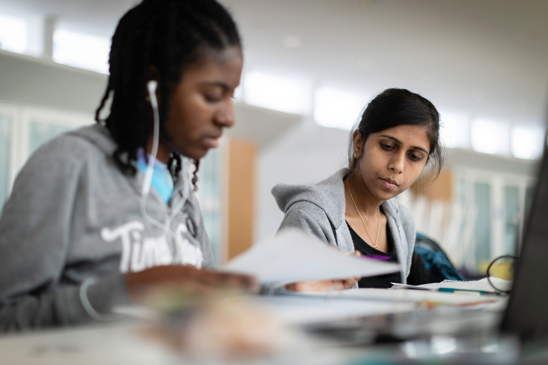 Two students study together.