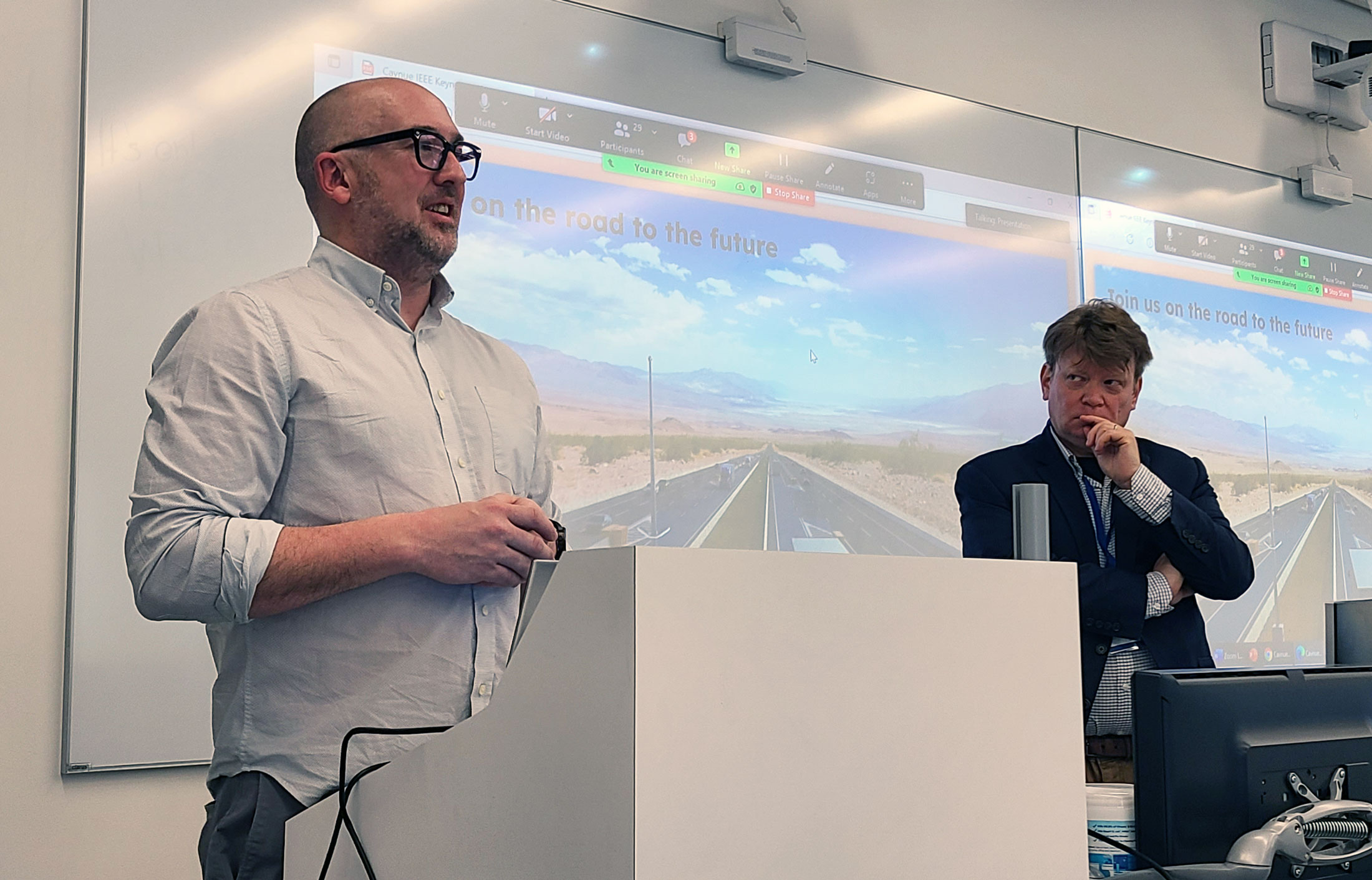 Mark de la Vergne delivers a keynote speech during the IEEE International Conference on Connected Vehicles at Florida Poly.