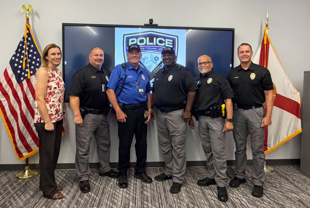 The Florida Polytechnic University Police Department was reaccredited by the Commission for Florida Law Enforcement Accreditation. Members of the department are pictured with Police Chief Aaron Murray at right.