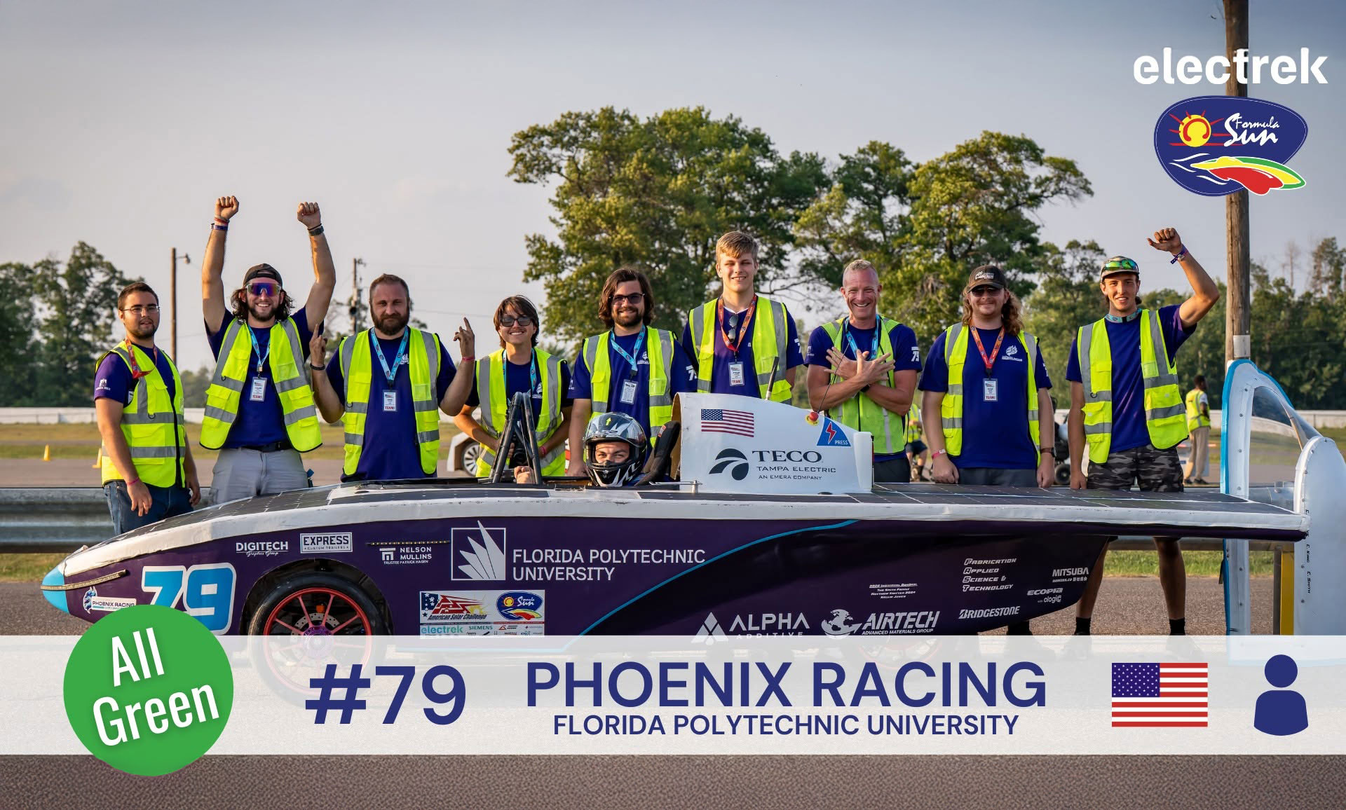 The Phoenix Racing team poses with Spark MK 2.5 ahead of the Electrek Formula Sun Grand Prix in Brainerd, Minnesota, where they won a second-place finish among U.S. teams.