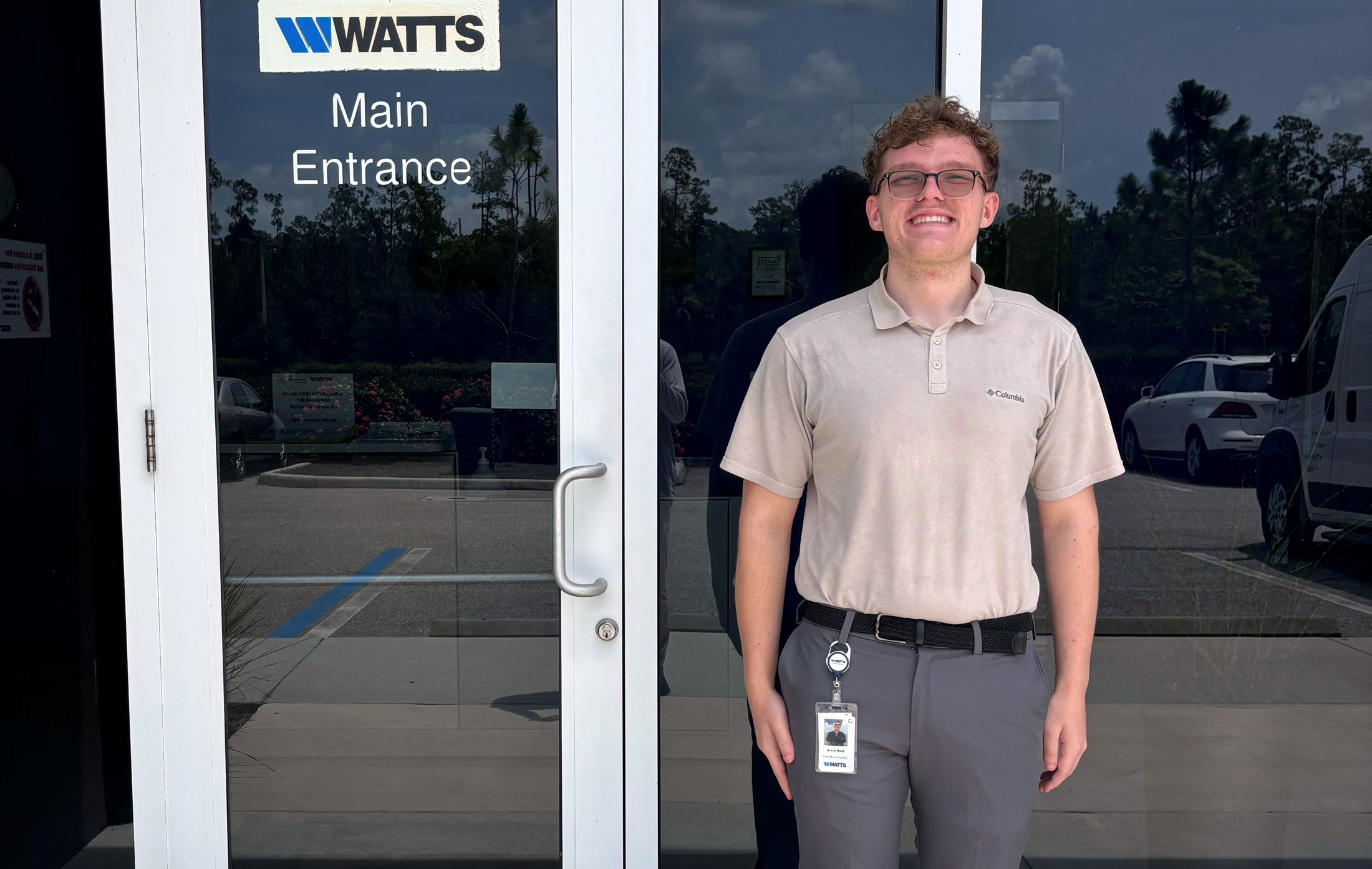 Florida Polytechnic University senior Avery Reef at his internship location, Watts Water Technologies.