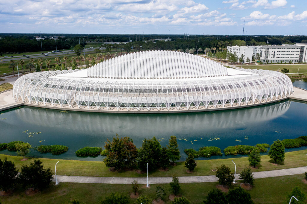 Aerial image of the Innovation, Science and Technology Building at Florida Poly, which was named a Collegiate Purple Star Campus for veterans services.