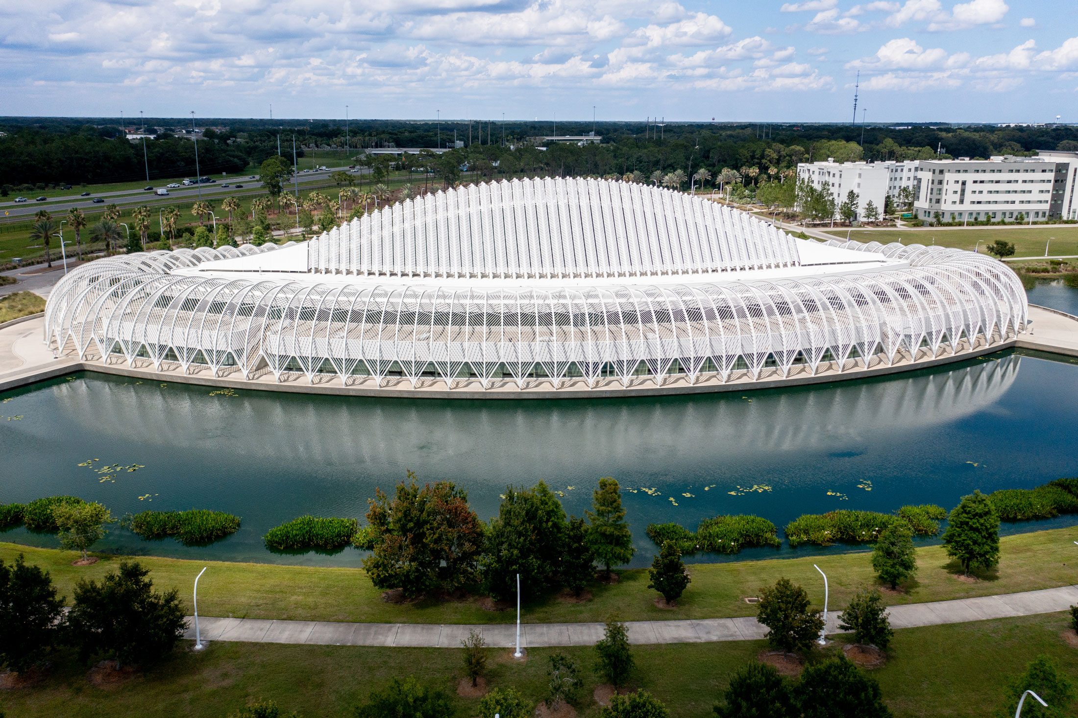 Aerial image of the Innovation, Science and Technology Building at Florida Poly, which was named a Collegiate Purple Star Campus for veterans services.