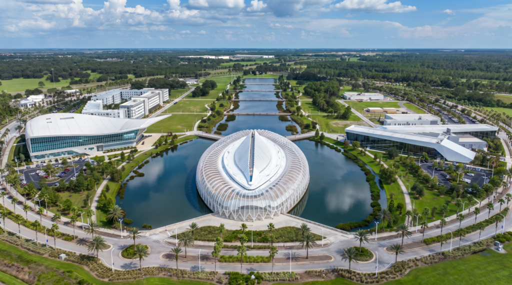 Aerial view rendering of Florida Poly campus with the new StAC on the left. 