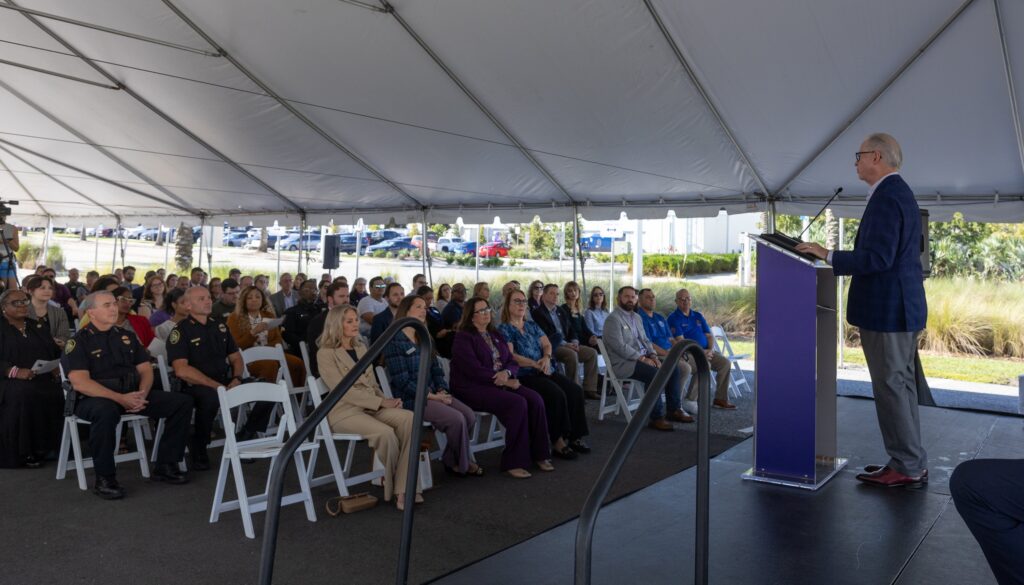 Dr. Devin Stephenson, Florida Poly’s president, addresses attendees of the University Safety and Operations Center’s ribbon-cutting ceremony.