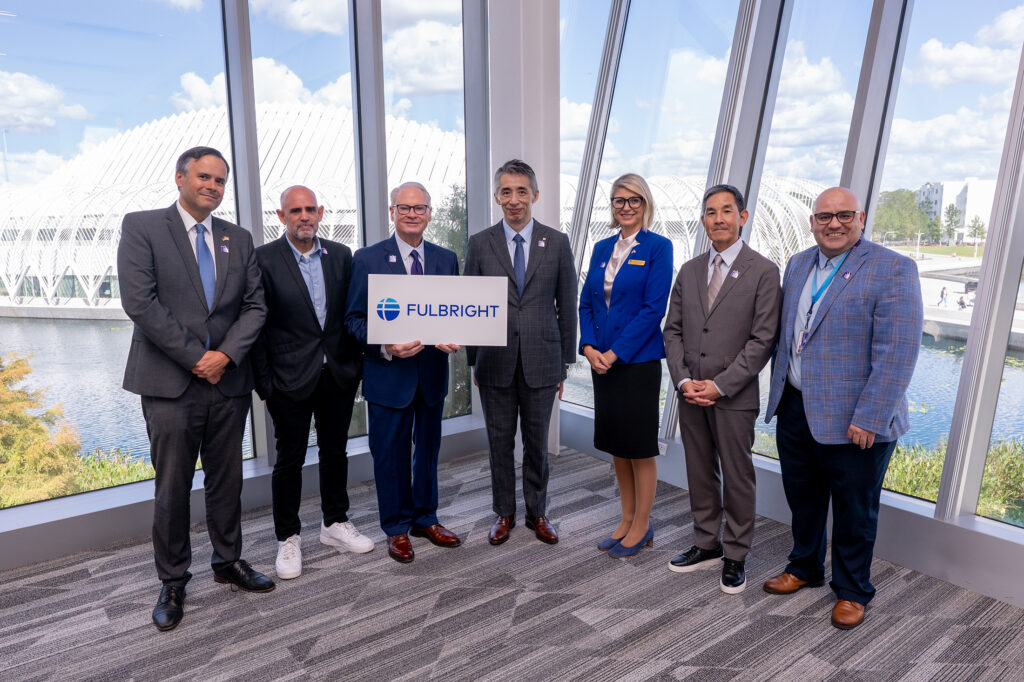 Dr. Devin Stephenson, president of Florida Polytechnic University, third from left, joins senior diplomats and global business leaders at the University on Oct. 21 to celebrate the 80th anniversary of the Fulbright Program.