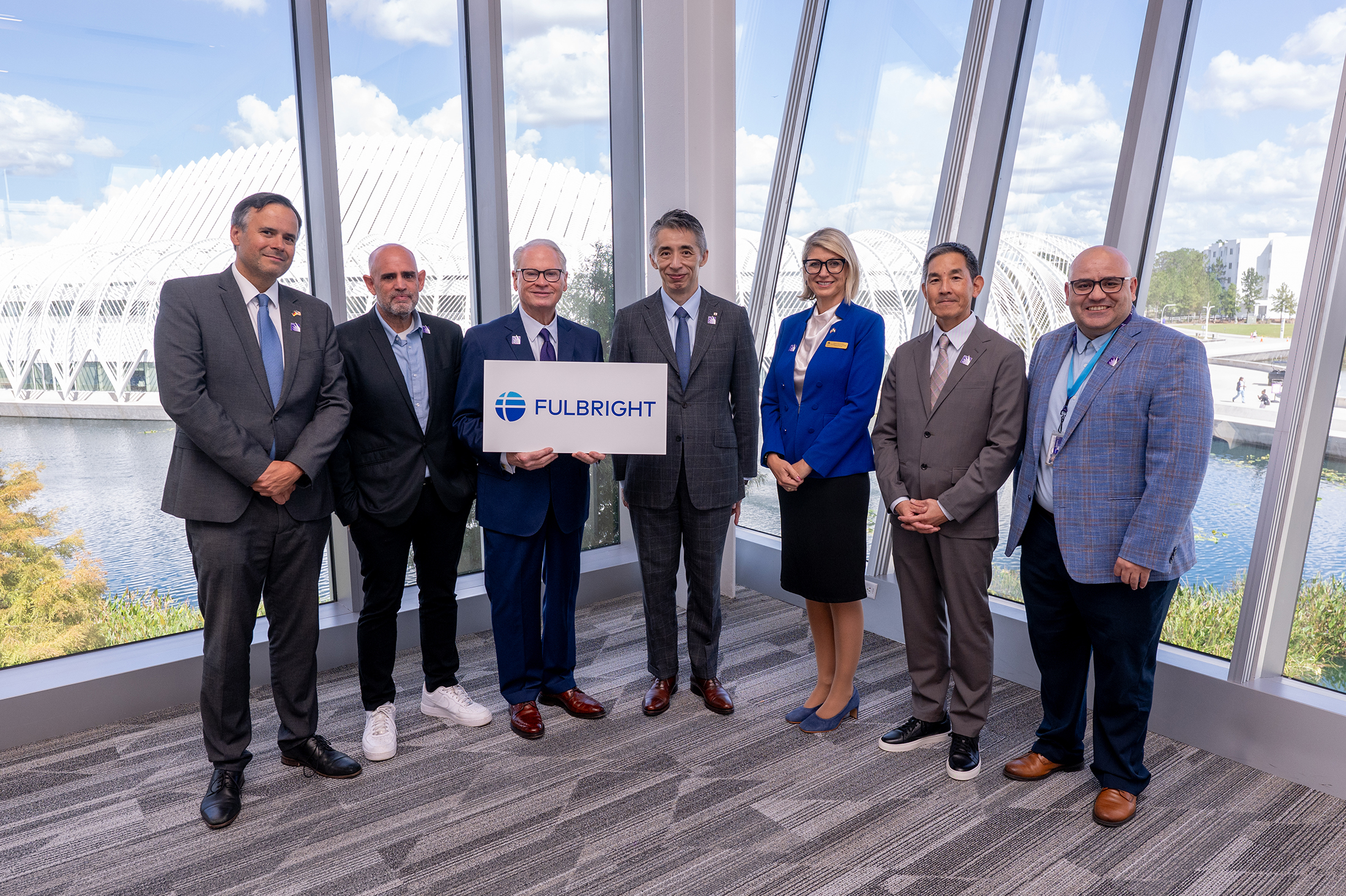 Dr. Devin Stephenson, president of Florida Polytechnic University, third from left, joins senior diplomats and global business leaders at the University on Oct. 21 to celebrate the 80th anniversary of the Fulbright Program.
