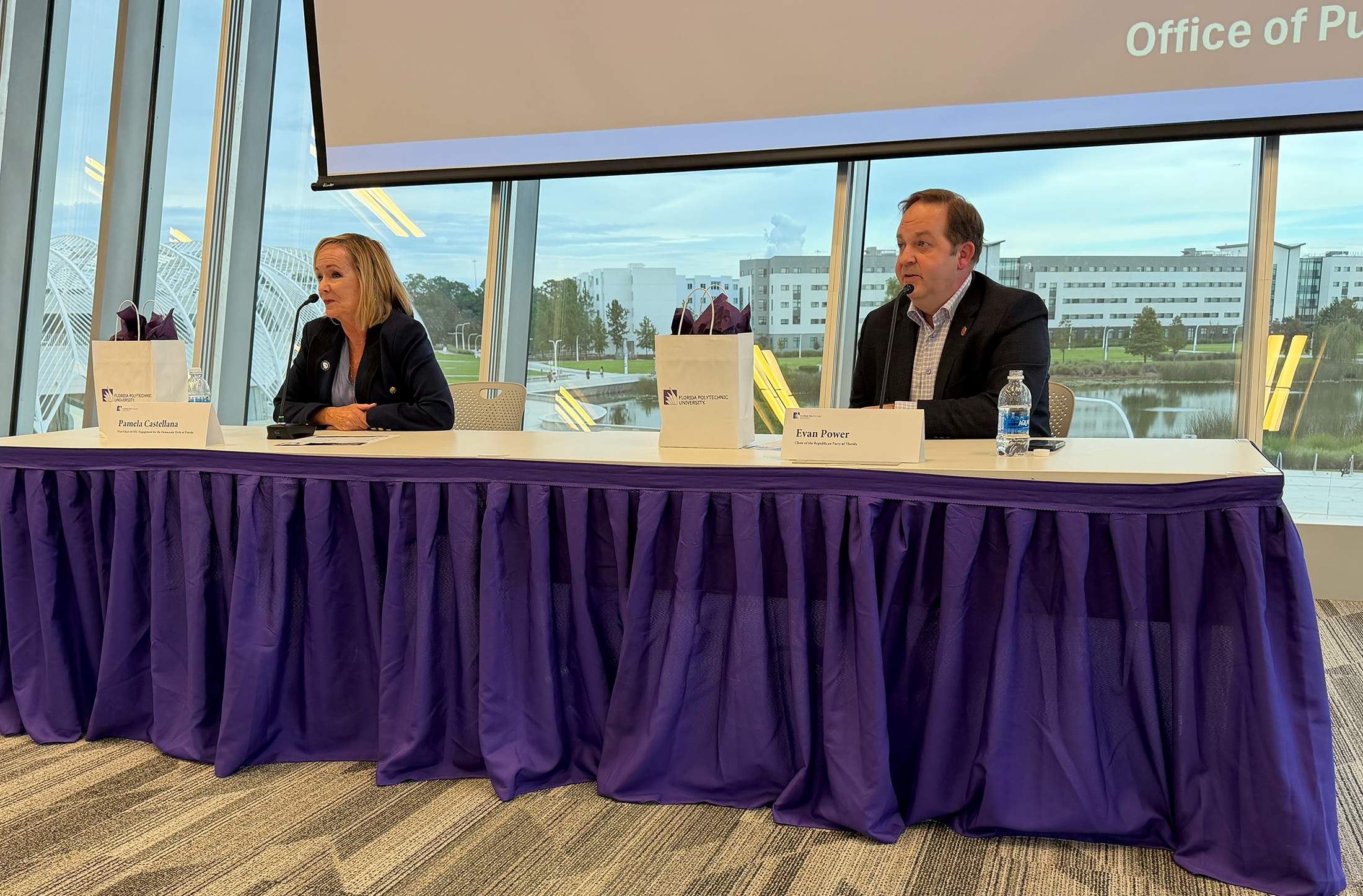 Two panelists participate in a Florida Poly discussion on Oct. 6.