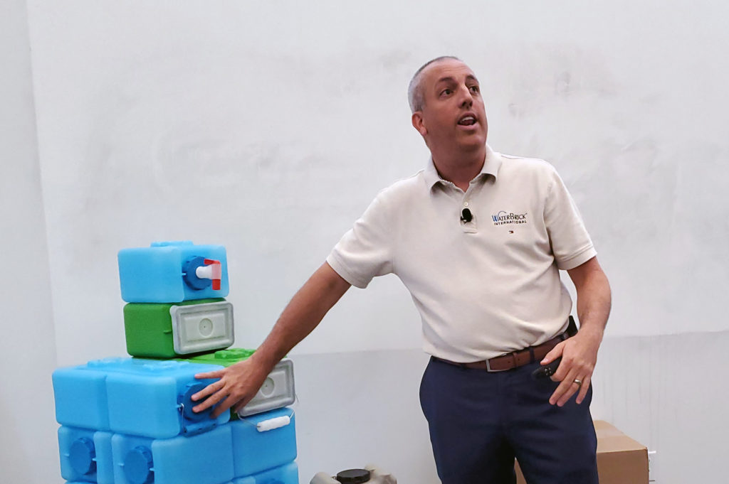 Kevin Adams, chief operating officer of WaterBrick International, talks with Florida Polytechnic University students about the development and growth of his company, which produces durable, interlocking containers for water, food, and other storage needs. He was the featured guest at the University’s monthly Innovation Speaker Series.